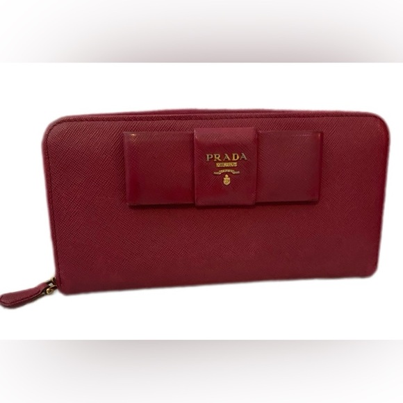 Prada Red/Pink Long Wallet with Bow Detail  Saffiano Leather #294 - Picture 1 of 16